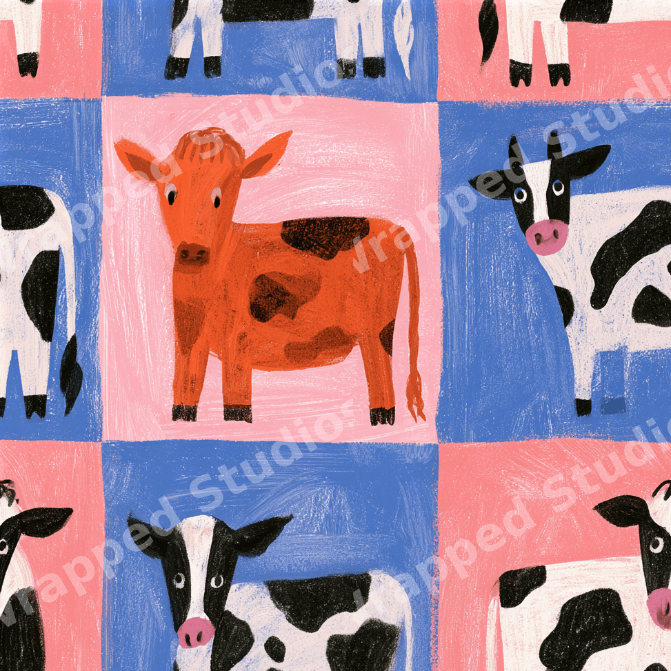Playful cow pattern featuring whimsical hand-painted cows in a pink and blue checkerboard grid.