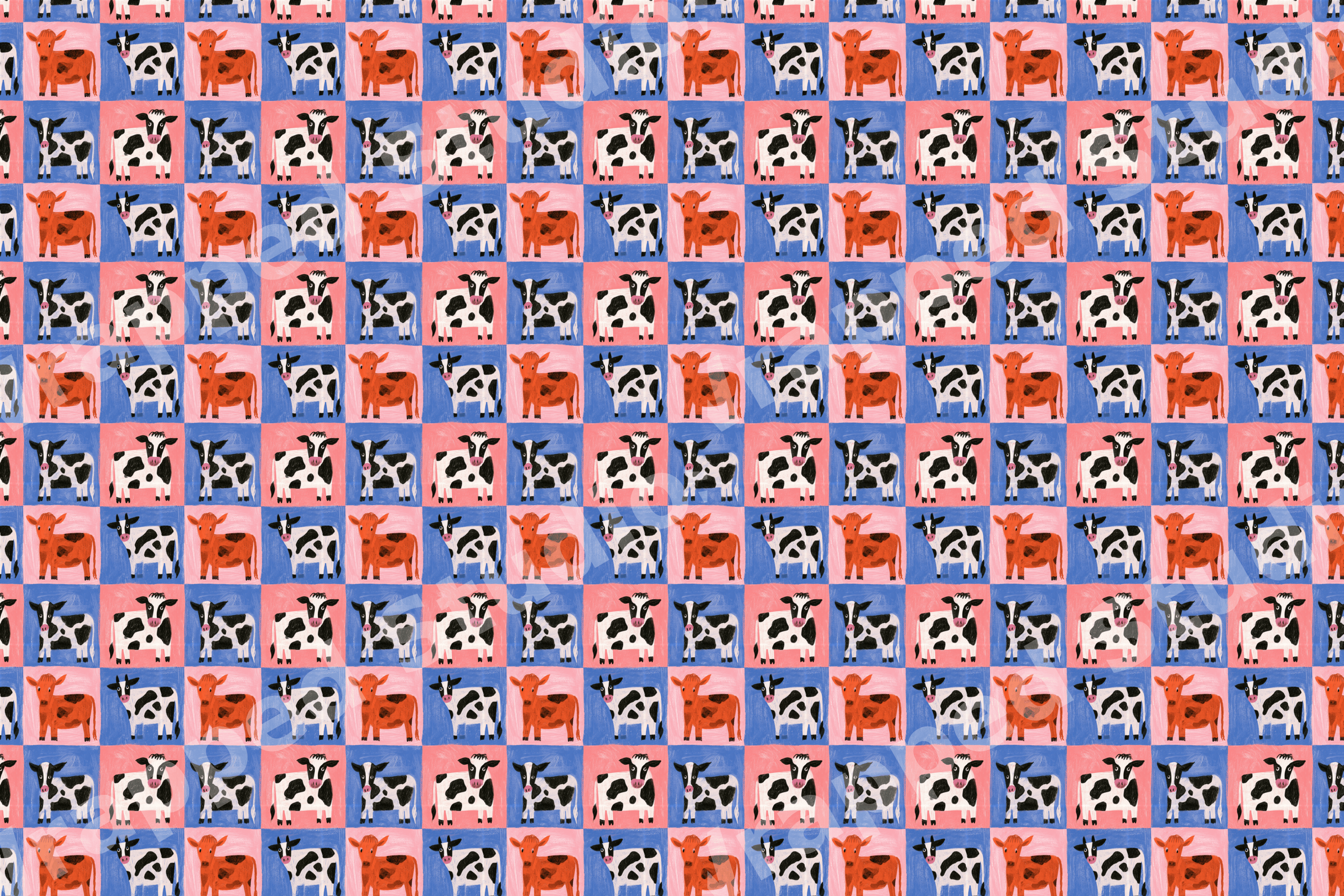 Playful cow pattern featuring hand-drawn dairy cows on a pink and blue checkerboard grid.