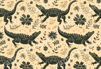 Whimsical green alligator and botanical floral pattern in a vintage folk art style on cream.