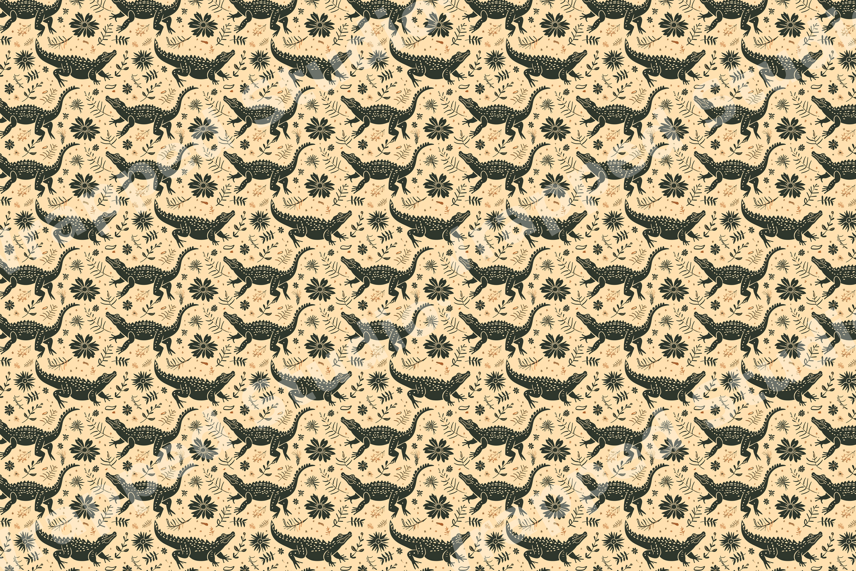 Vintage botanical alligator pattern with dark green crocodiles and whimsical flowers on a beige background.
