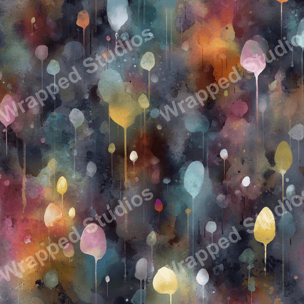 Abstract floral pattern design in watercolor style with dreamy drips on a dark backdrop.