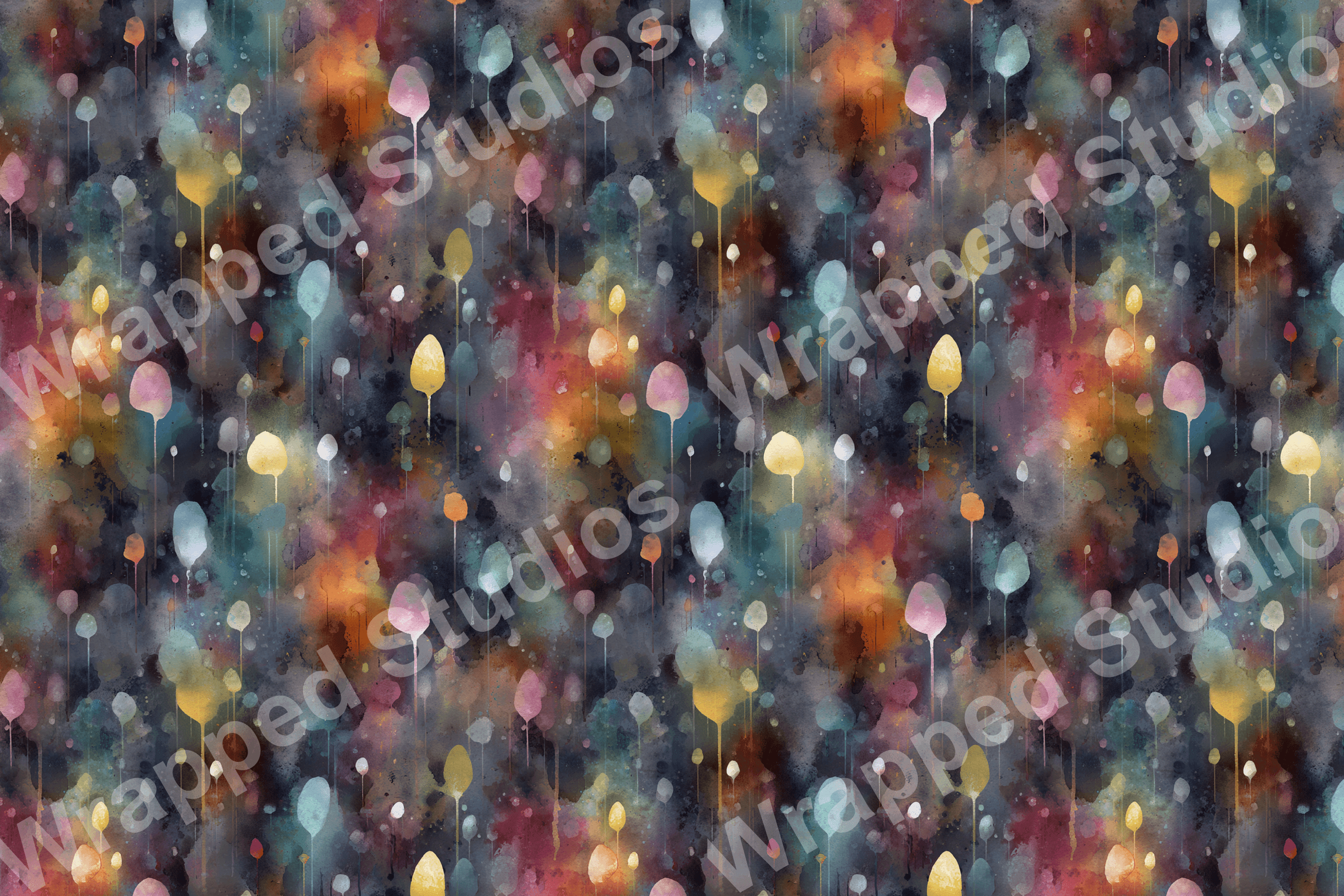 Whimsical abstract pattern with floating, painterly shapes in pink, teal, yellow, and orange on a dark, mottled background.