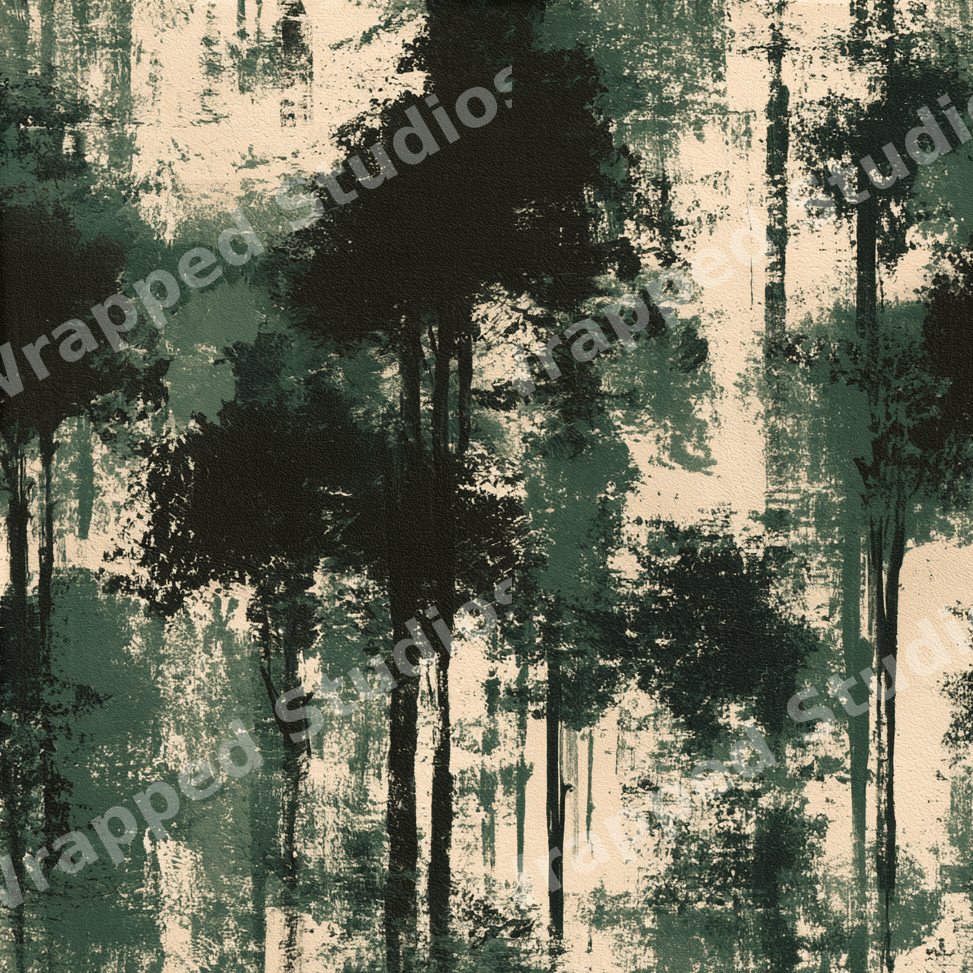 Moody forest pattern featuring dark green watercolor trees on a textured, vintage cream background.
