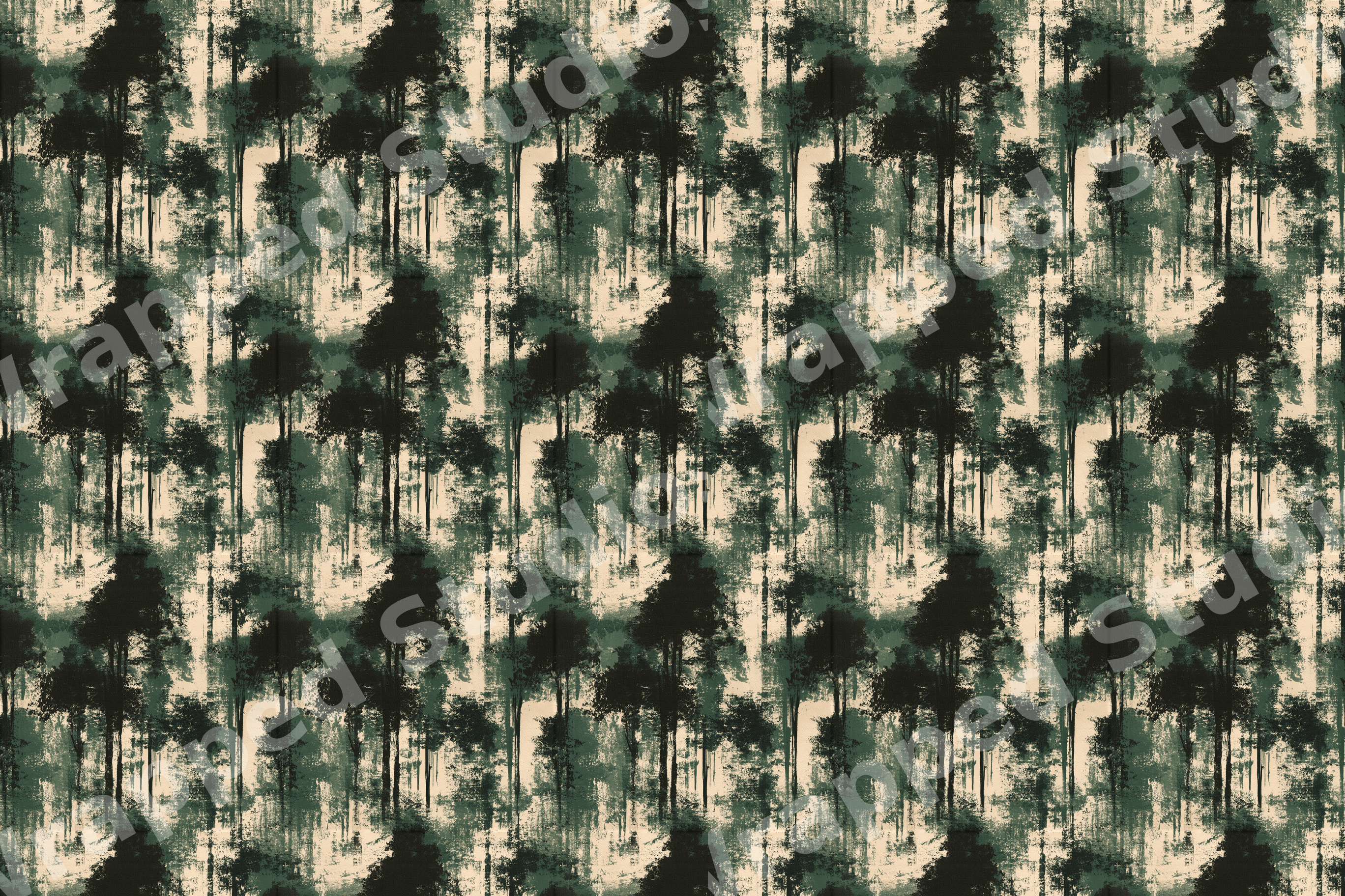 Vintage forest pattern featuring distressed watercolor pine tree silhouettes in dark green and cream.