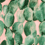 Watercolor cactus pattern with green prickly pear pads on a soft pink background.