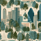 Seamless city skyline pattern featuring illustrated teal skyscrapers and green trees on a cream background.