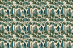 Vintage Dallas city skyline pattern featuring teal skyscrapers and green trees on a cream background.