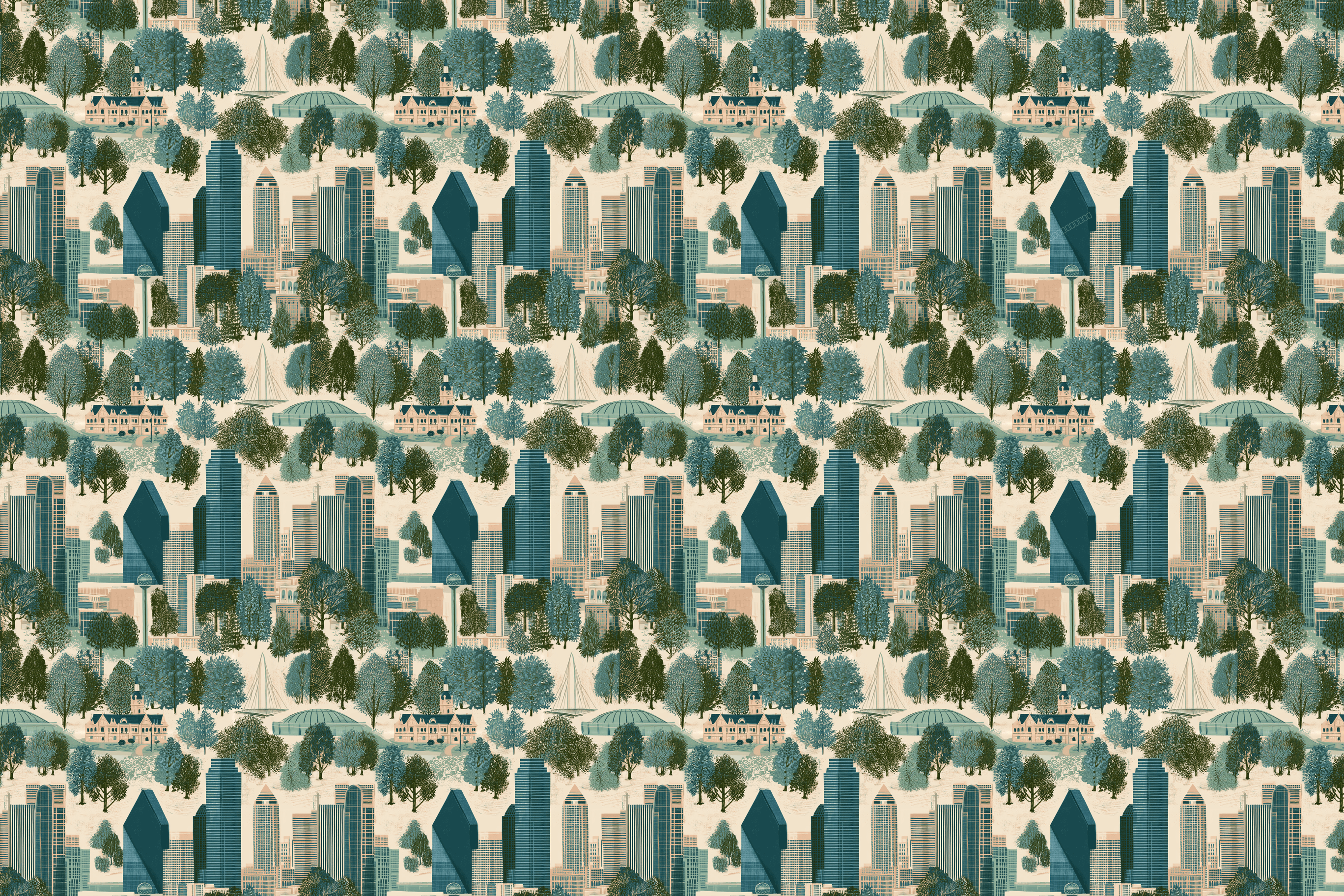 Vintage Dallas city skyline pattern featuring teal skyscrapers and green trees on a cream background.