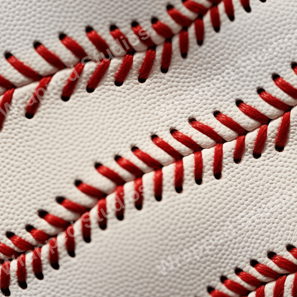 Detailed baseball pattern with red stitching on a textured white background.