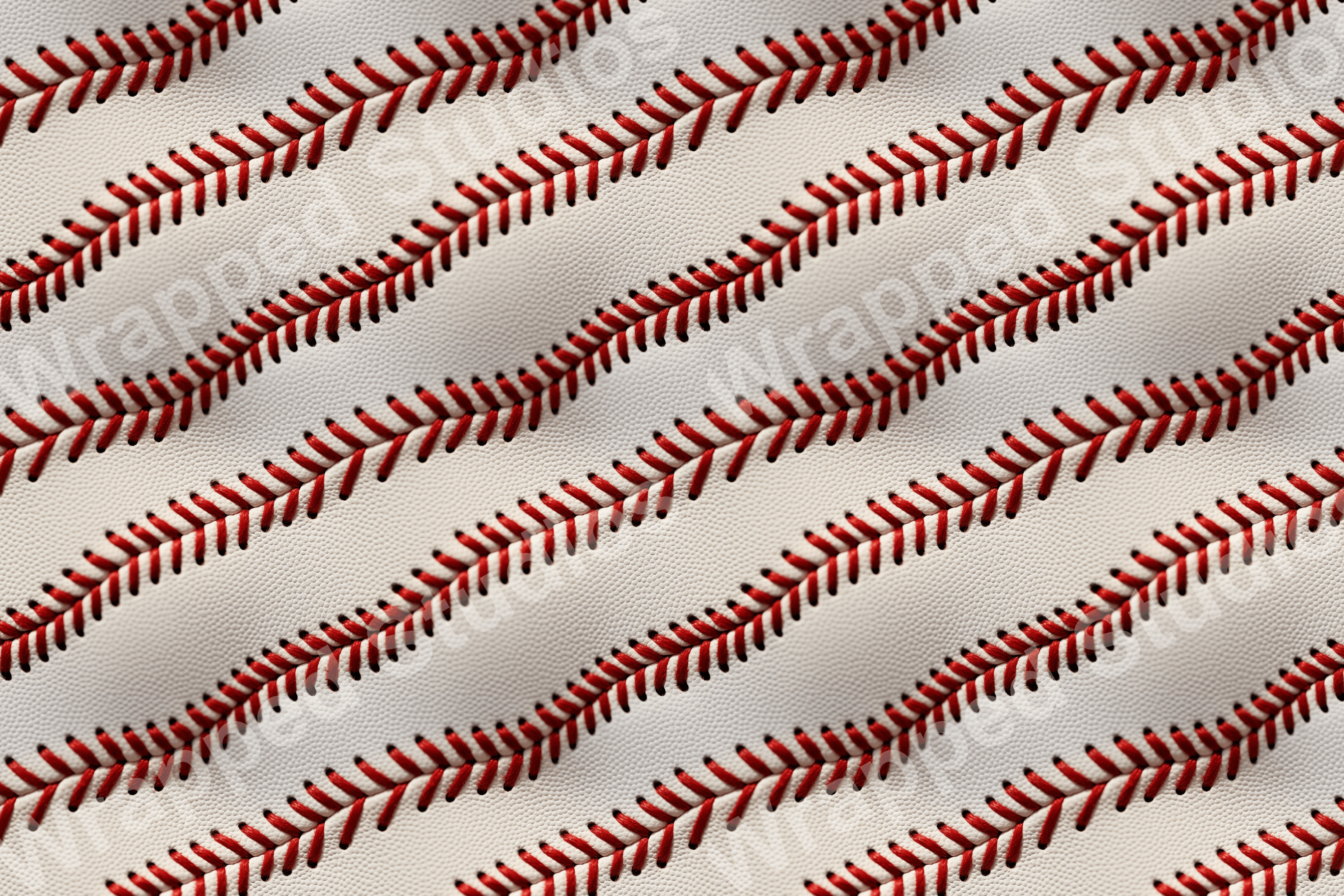 Classic baseball stitch pattern with red thread on a textured white background.