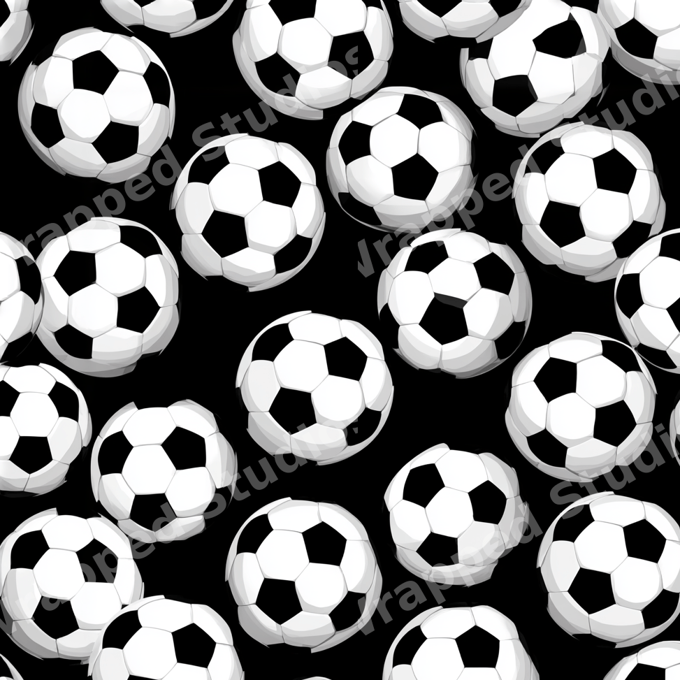 Seamless sports pattern featuring black and white soccer balls scattered on a black background.