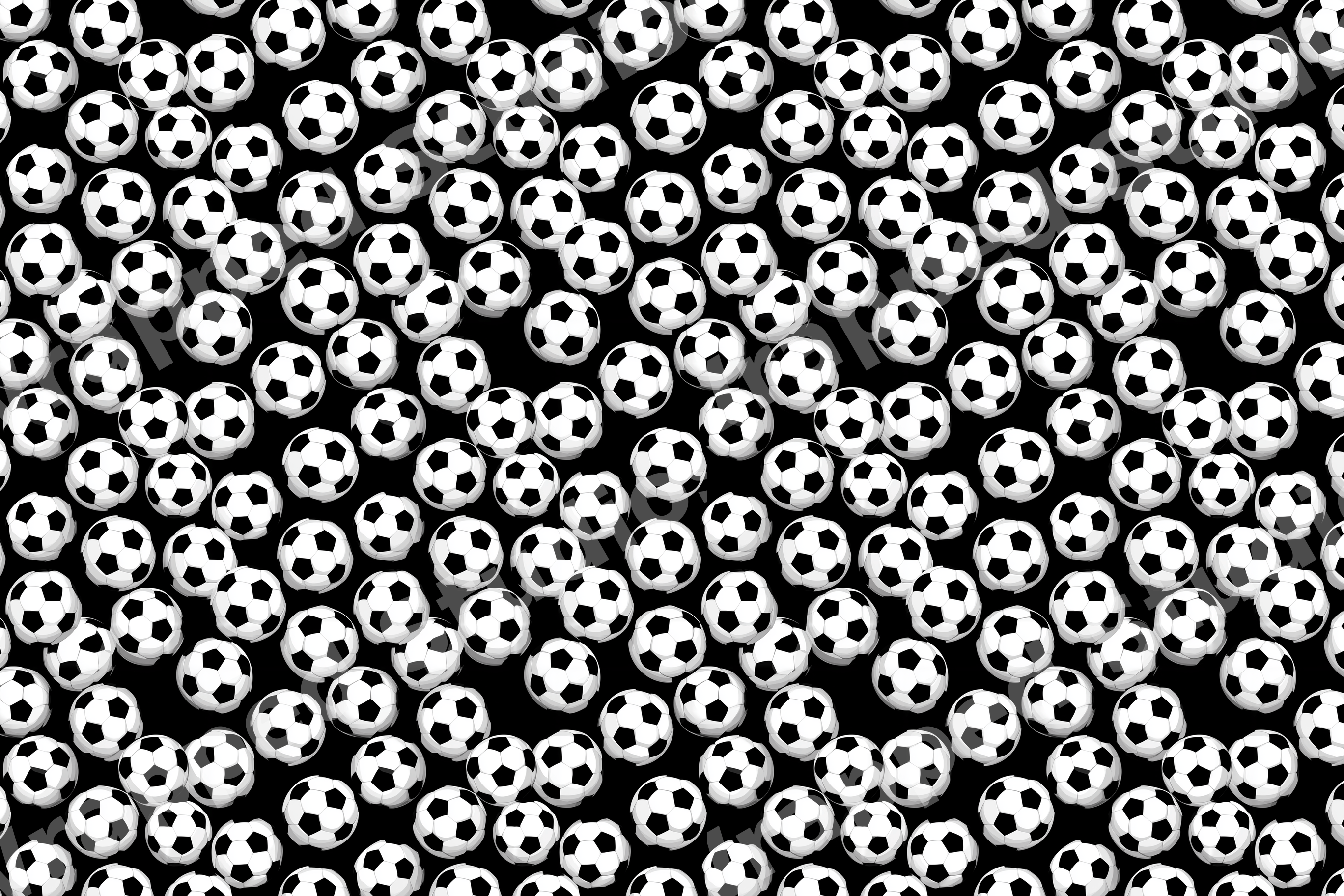 Seamless soccer ball pattern featuring scattered black and white footballs on a solid black background.