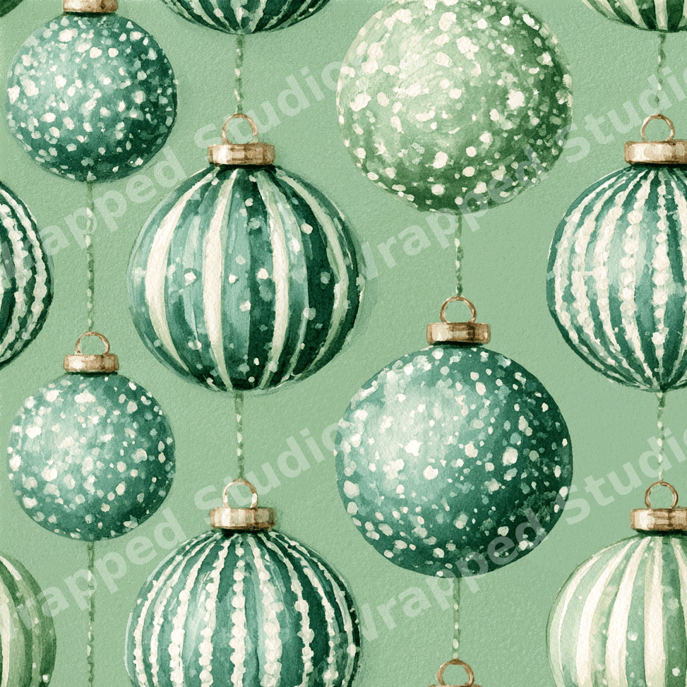 Elegant watercolor Christmas ornament pattern with green striped and speckled hanging baubles on sage green.