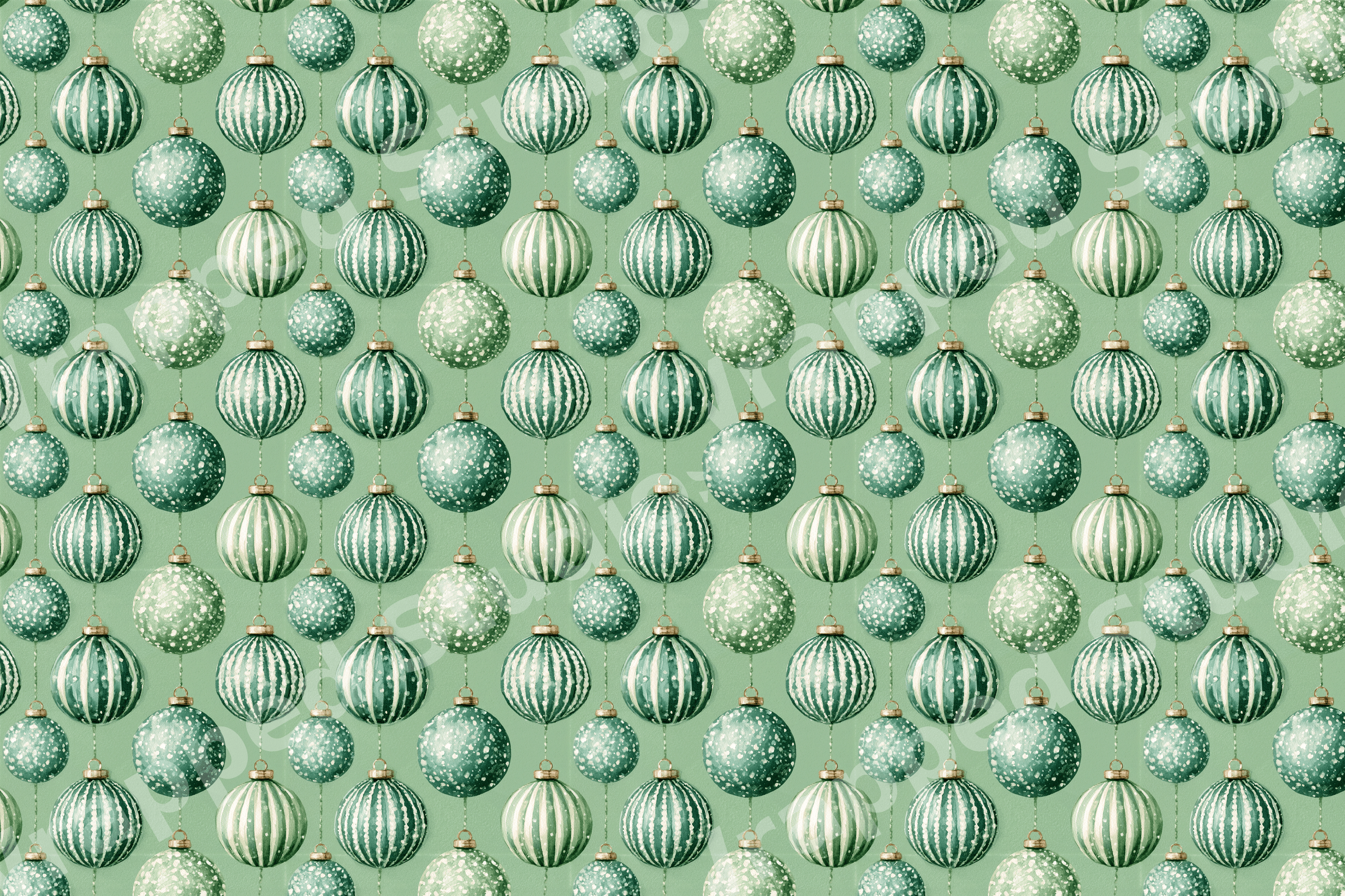 Vintage sage green Christmas ornament pattern featuring watercolor striped and speckled holiday baubles.