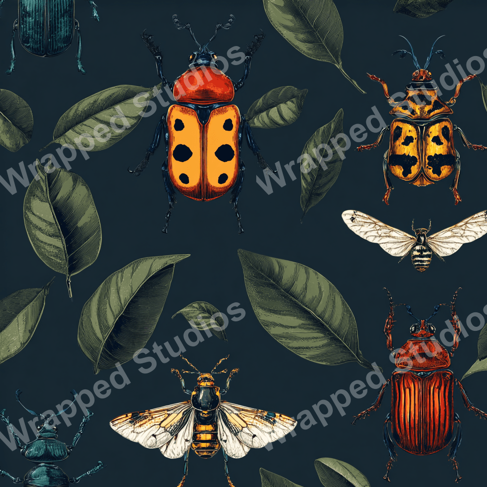 Seamless entomology pattern with detailed beetles, moths, and foliage on a dark background.