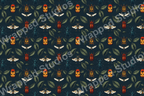Detailed entomology pattern with beetles, moths, and leaves in shades of orange, blue, and green on dark blue.