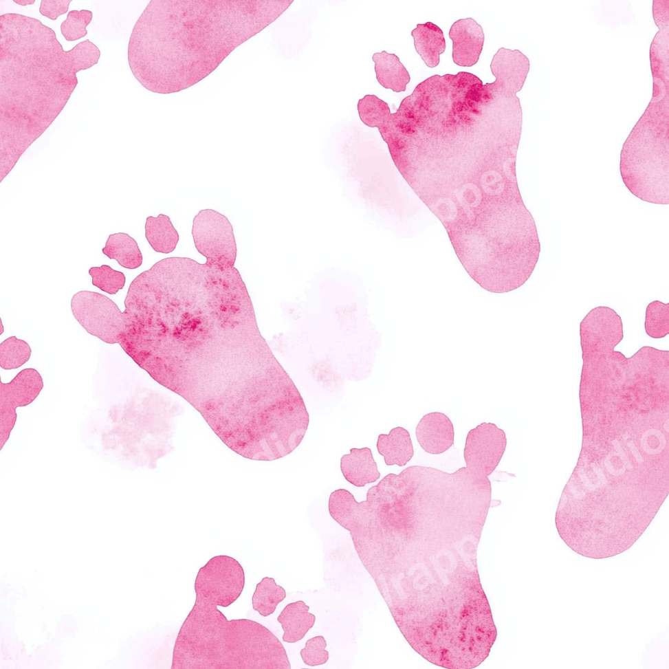 Seamless pattern of pink watercolor baby footprints on white.