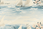 Classic nautical pattern with sailboats and pink floral accents on a serene blue and cream backdrop.