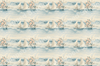 Nautical pattern with vintage floral bouquets and sailboats on blue water.