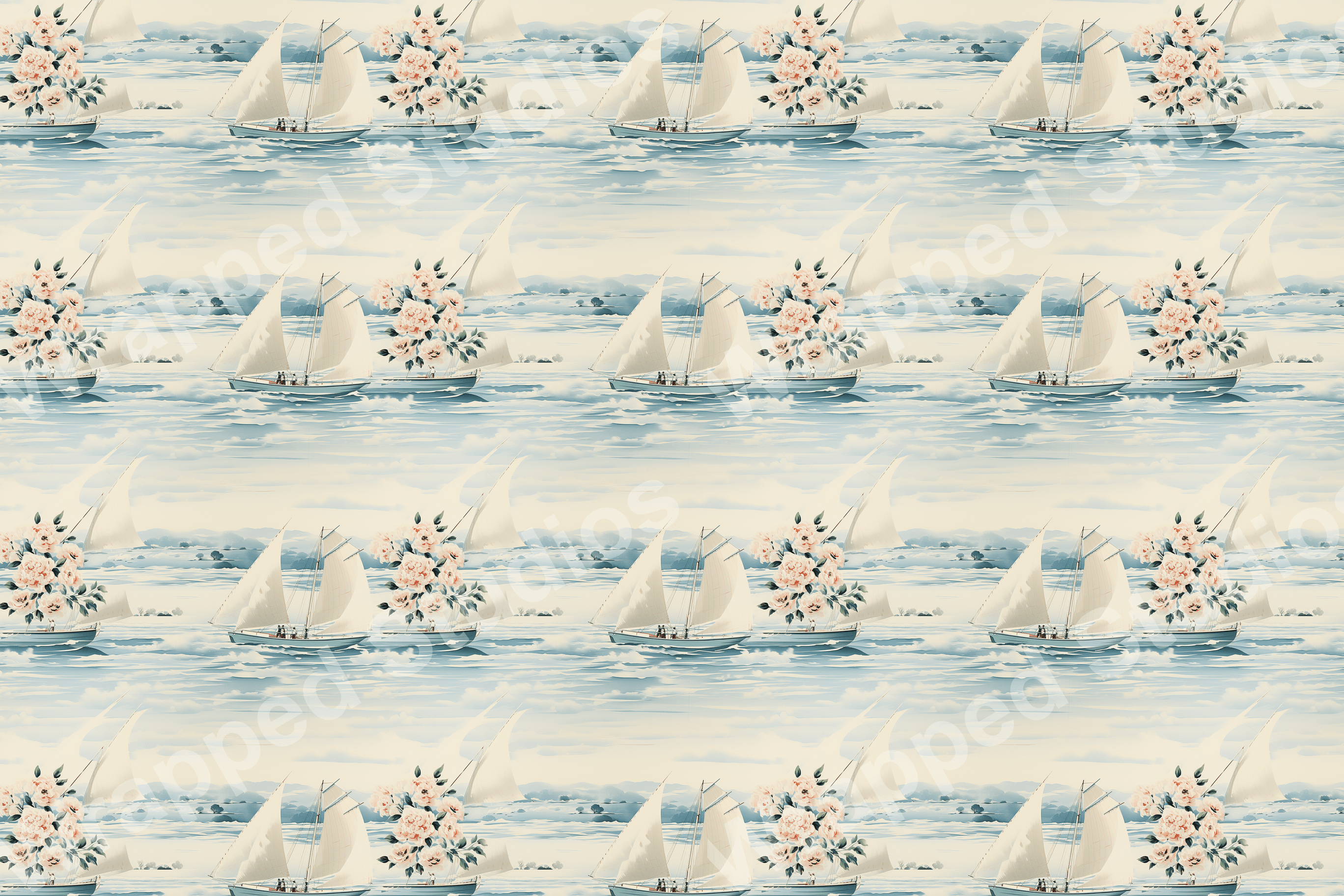 Nautical pattern with vintage floral bouquets and sailboats on blue water.