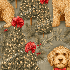 Vintage goldendoodle Christmas pattern with decorated holiday trees, pine branches, and red bows on sage green.