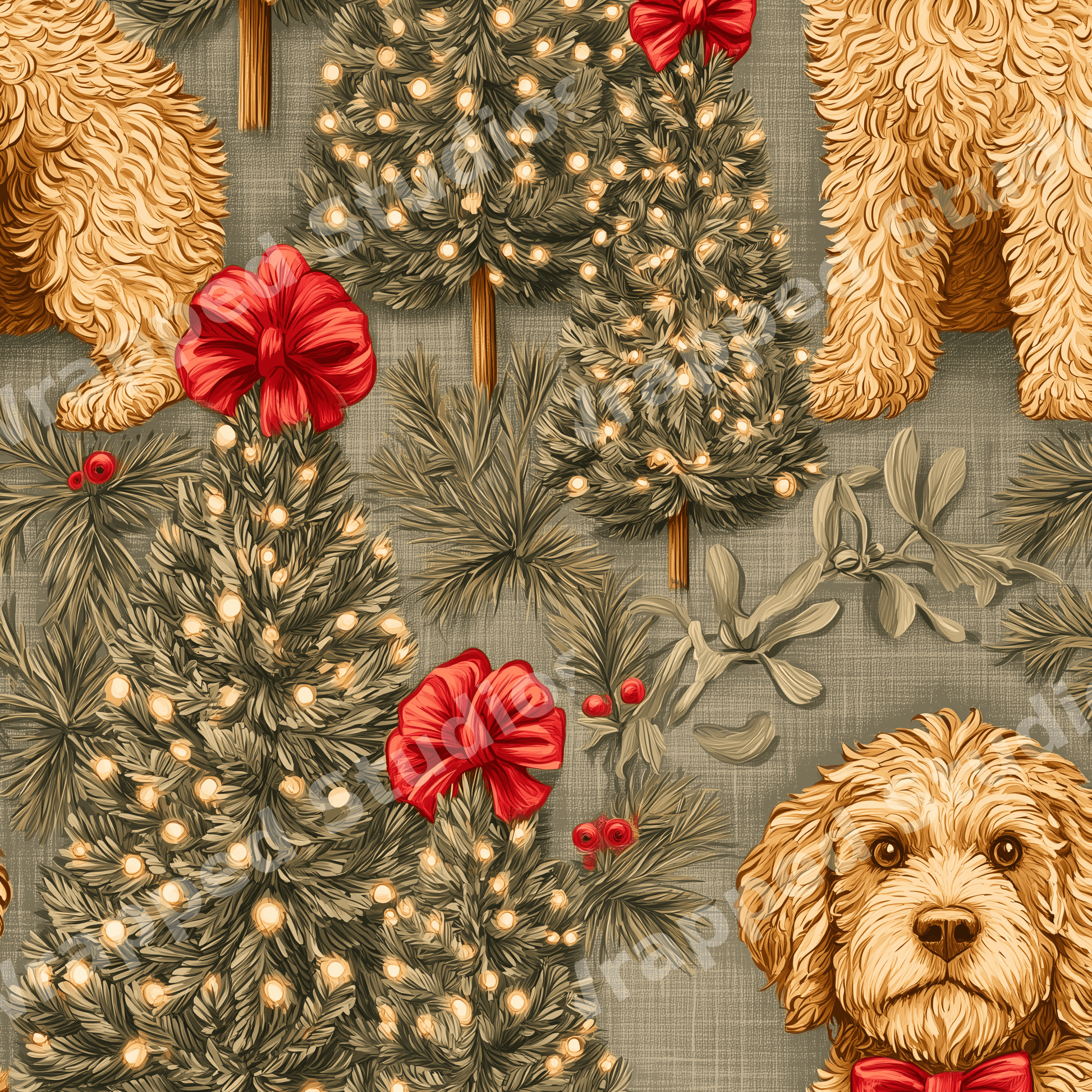 Vintage goldendoodle Christmas pattern with decorated holiday trees, pine branches, and red bows on sage green.