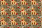 Festive Christmas pattern featuring goldendoodle dogs in red bow ties, holiday pine trees, and vintage greenery.