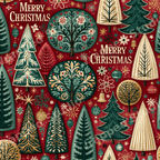 Retro folk art Christmas tree pattern with green, gold, and cream ornaments on a red background.