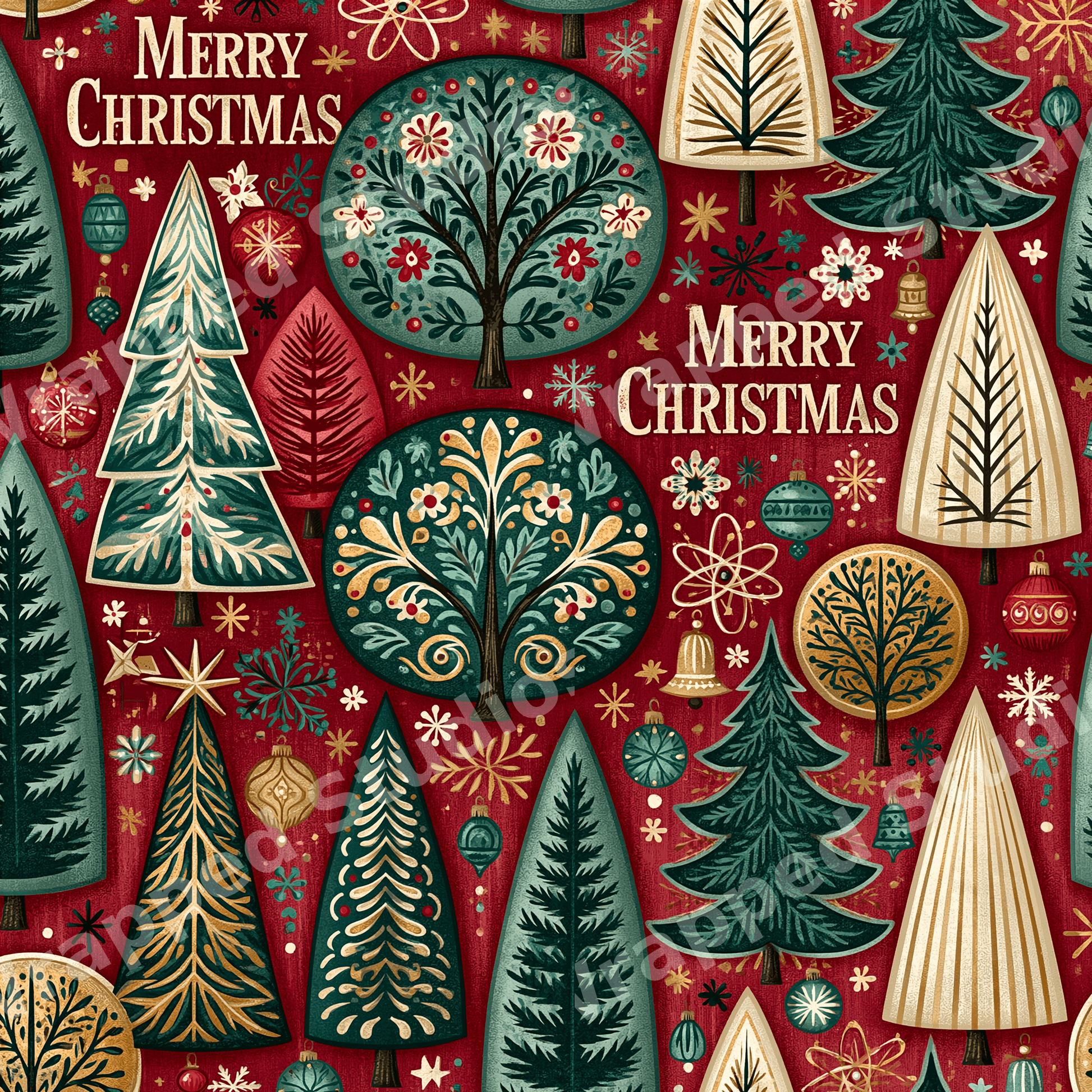 Retro folk art Christmas tree pattern with green, gold, and cream ornaments on a red background.