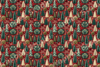 Vintage Christmas pattern with green and gold folk art trees and holiday text on a red background.
