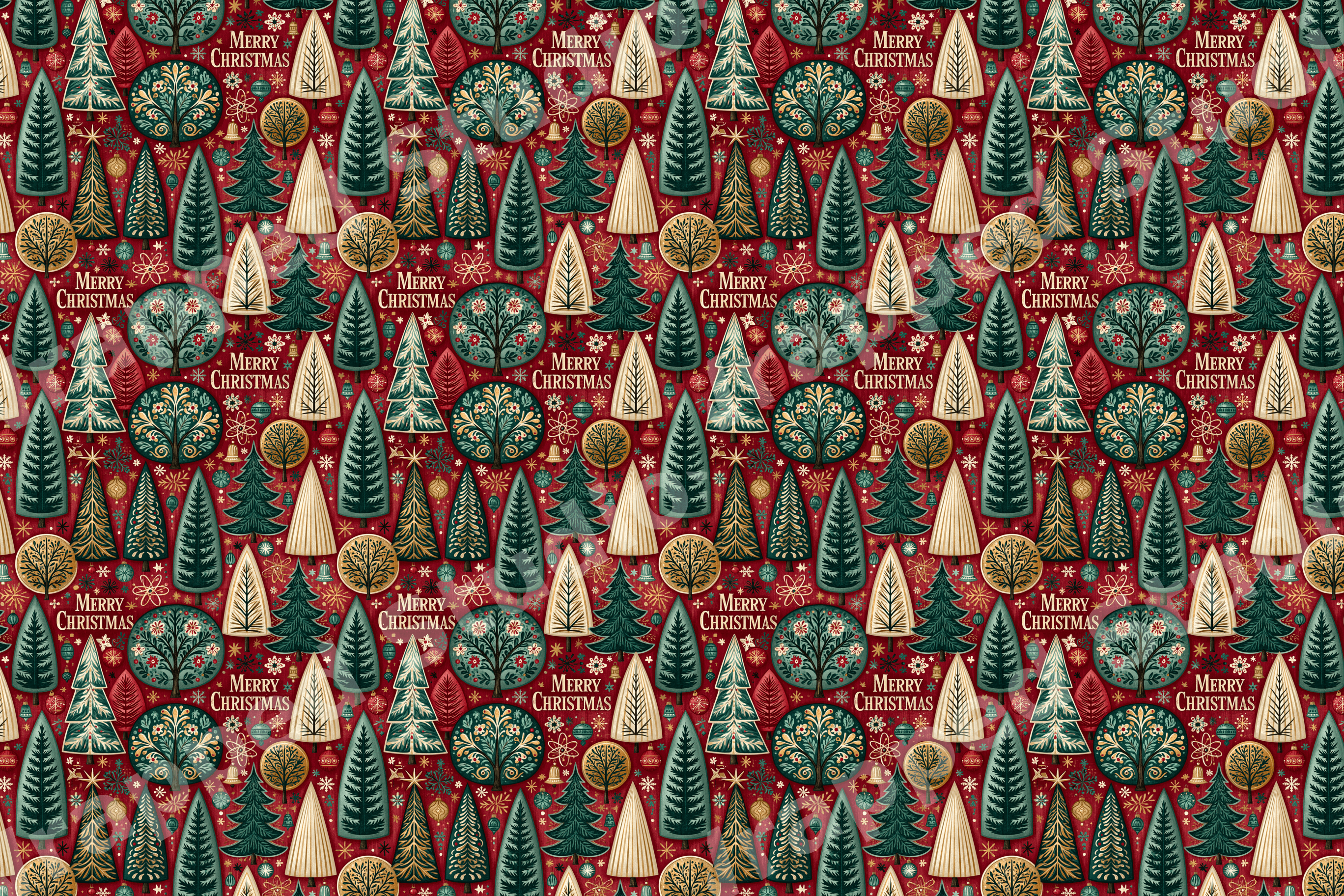 Vintage Christmas pattern with green and gold folk art trees and holiday text on a red background.