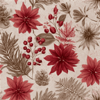 Vintage botanical floral pattern with red poinsettias, berries, and pinecones on a textured beige background.