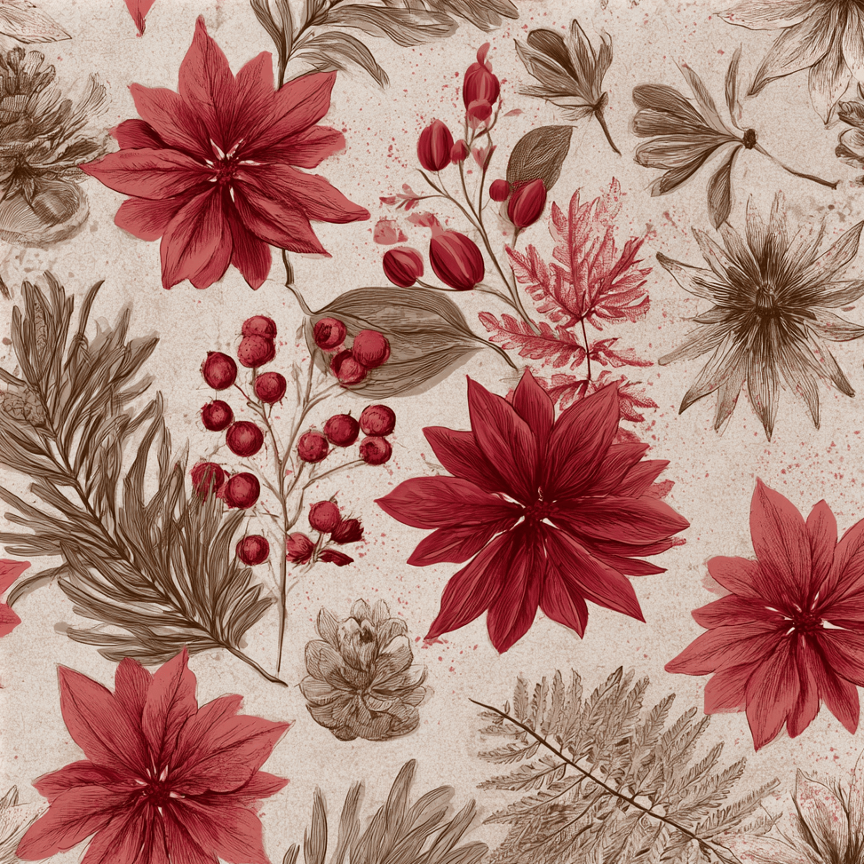 Vintage botanical floral pattern with red poinsettias, berries, and pinecones on a textured beige background.