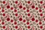 Vintage Christmas floral pattern with red poinsettias, berries, and botanical sketches on beige.