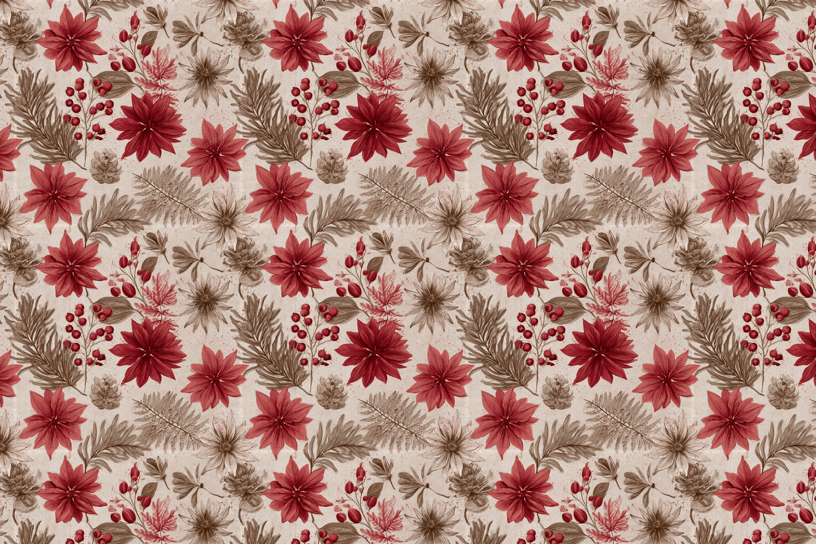Vintage Christmas floral pattern with red poinsettias, berries, and botanical sketches on beige.