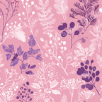 Botanical pattern design with purple and white foliage on a pink background.