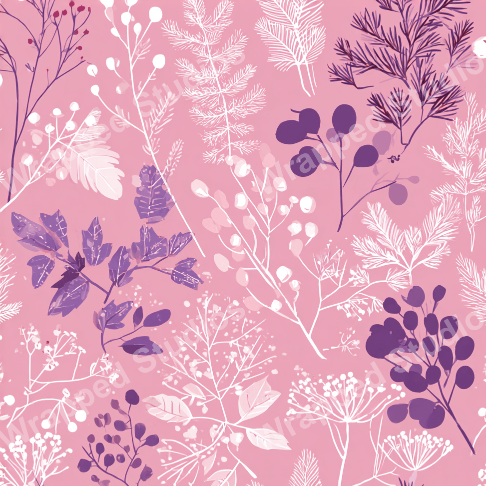 Botanical pattern design with purple and white foliage on a pink background.