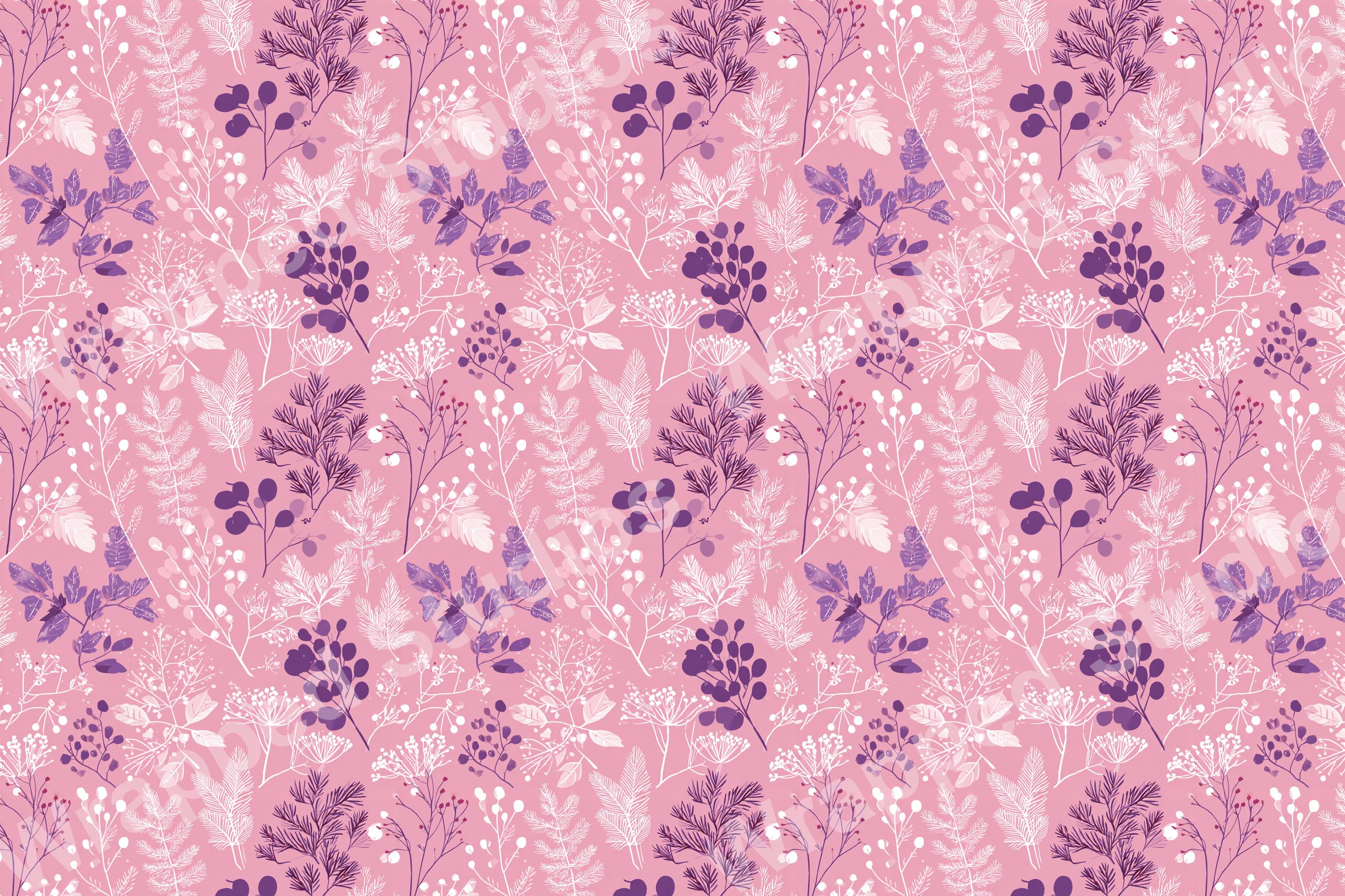 Botanical pattern with pink background and purple and white foliage.