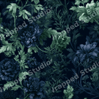 Moody dark floral pattern featuring vintage botanical blue peonies and sage green foliage.