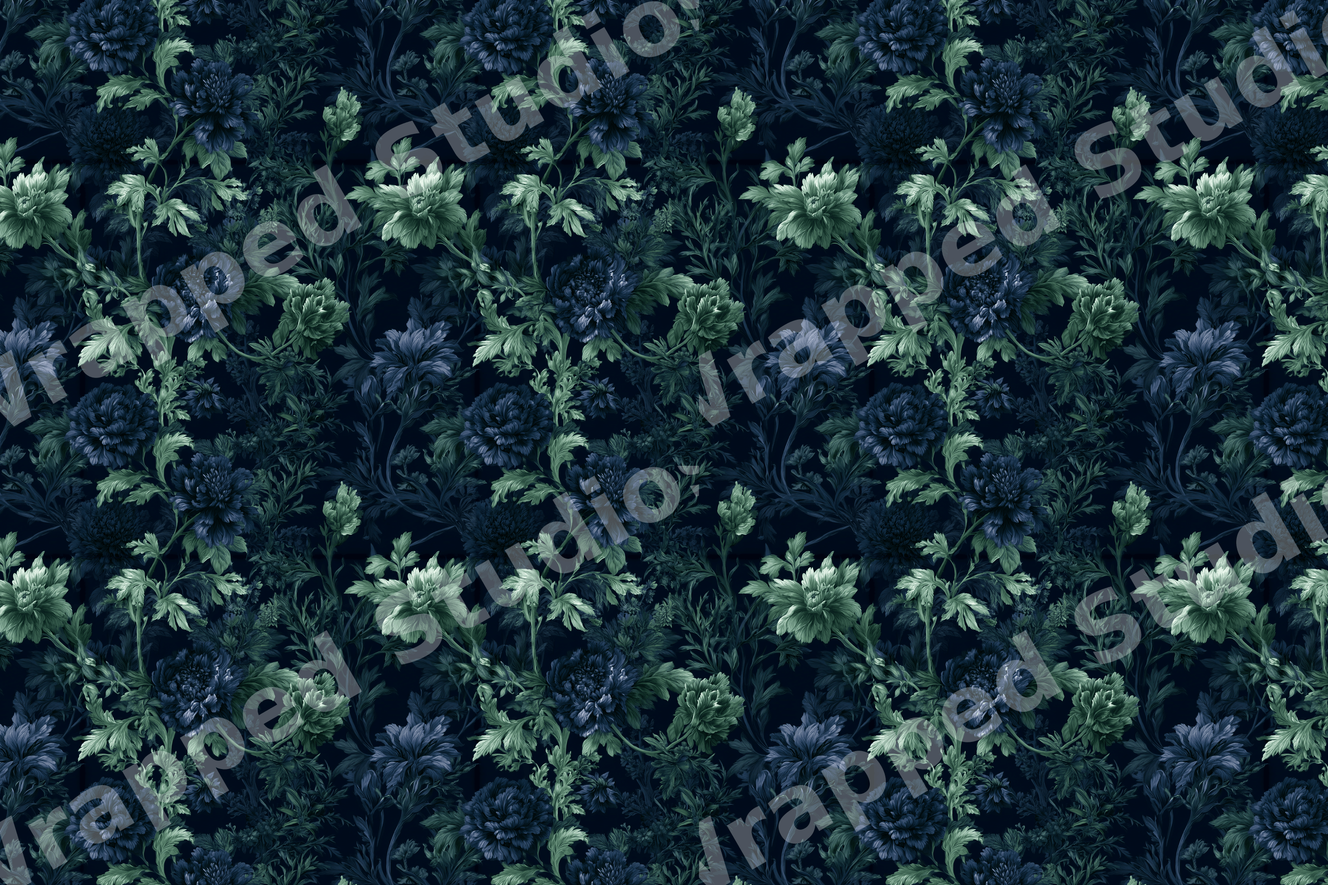 Elegant vintage botanical floral pattern featuring navy blue and sage green blossoms on a dark background.
