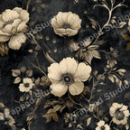 Elegant vintage botanical design with cream and brown floral pattern on dark gray.
