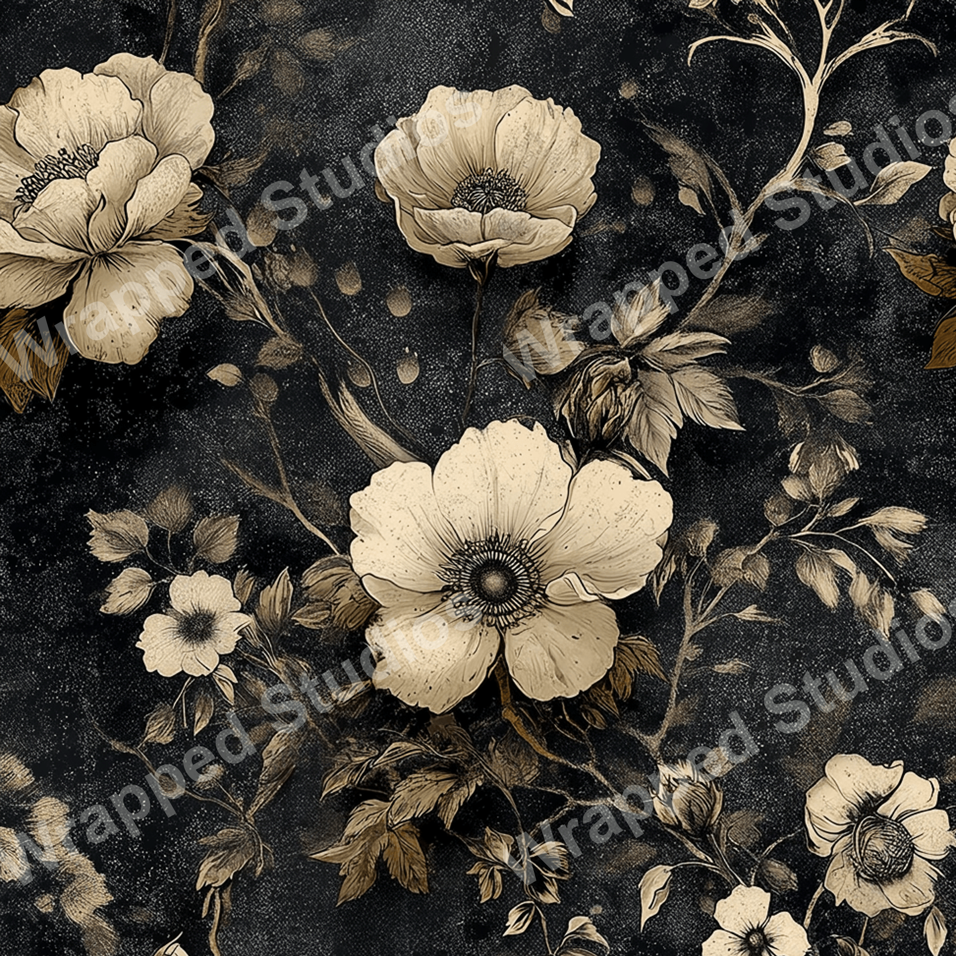 Elegant vintage botanical design with cream and brown floral pattern on dark gray.