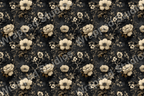 Elegant vintage botanical pattern with cream-colored flowers and leaves on a dark textured background.