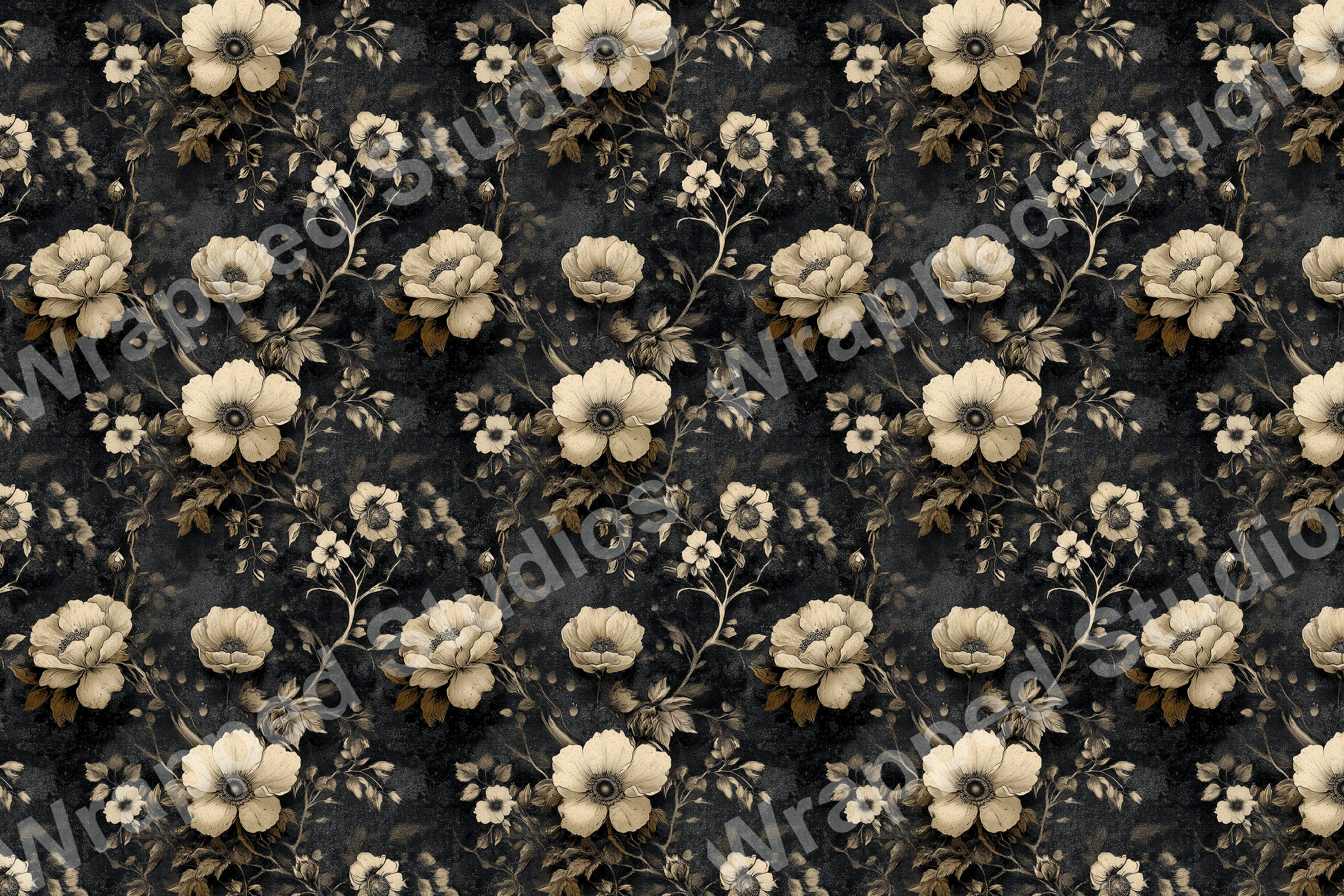 Elegant vintage botanical pattern with cream-colored flowers and leaves on a dark textured background.