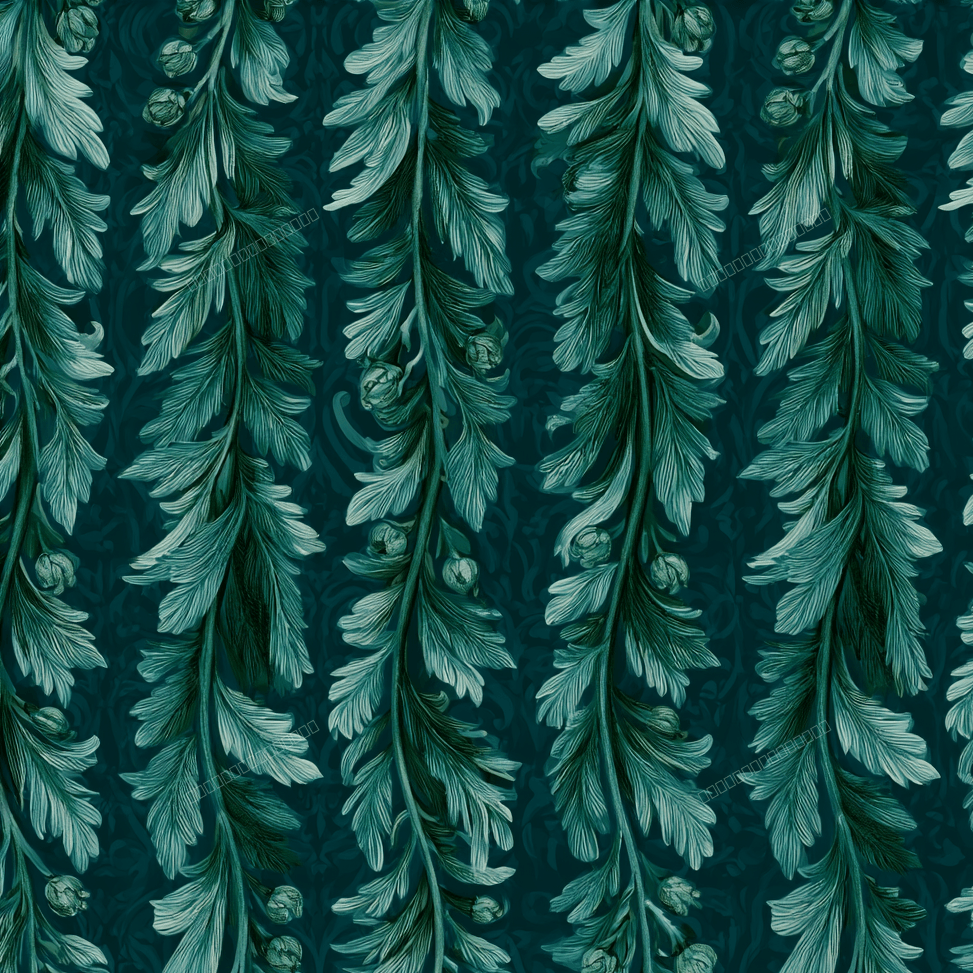 Elegant vintage botanical pattern with hanging leafy vines on a moody deep teal background.