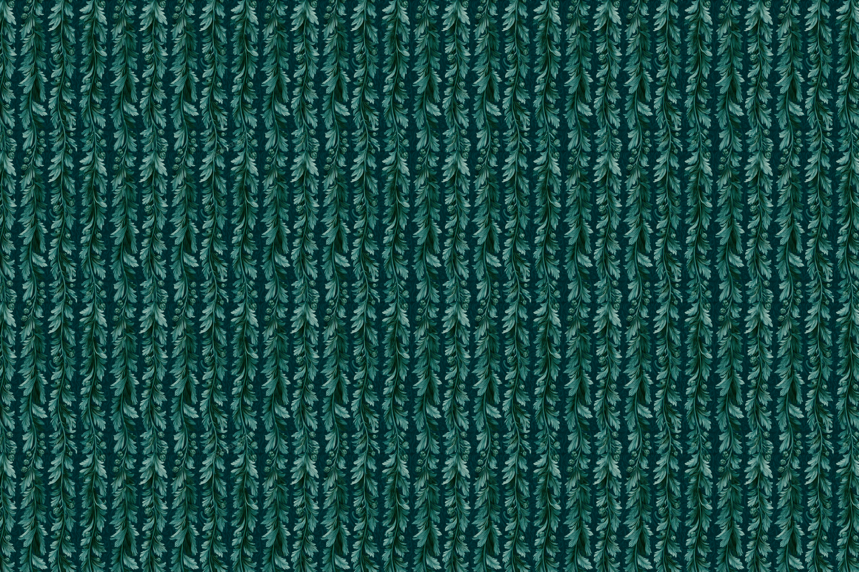 Elegant vintage botanical design with vertical stripes of ornate teal and green foliage.