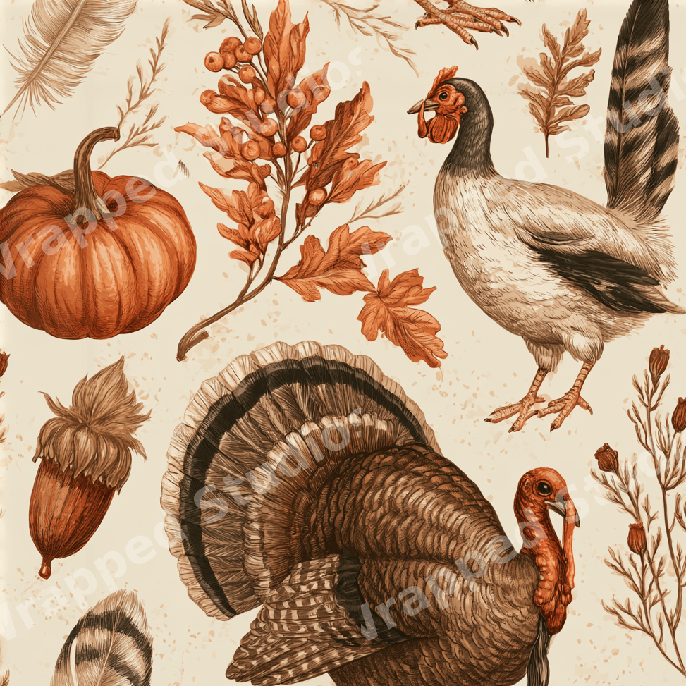 Vintage autumn pattern featuring illustrated turkeys, pumpkins, acorns, and oak leaves in warm earth tones.