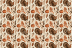 Vintage Thanksgiving pattern featuring illustrated turkeys, pumpkins, and acorns on a warm cream background.