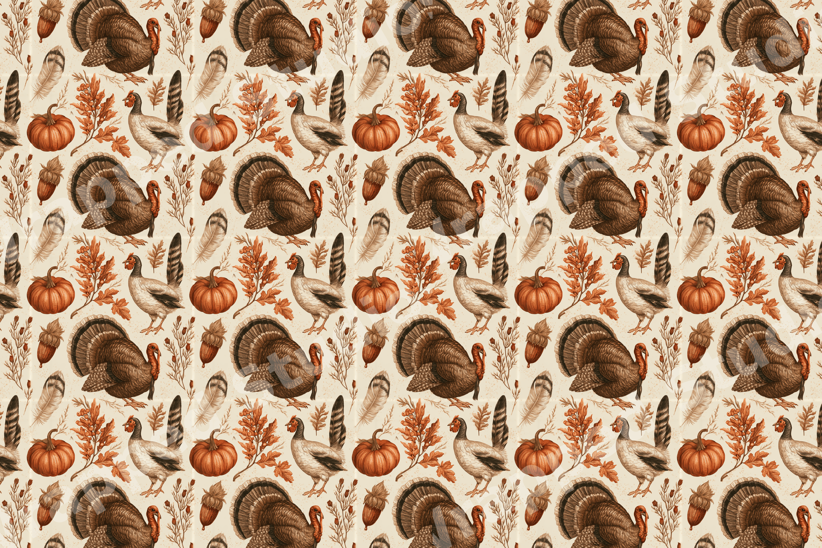 Vintage Thanksgiving pattern featuring illustrated turkeys, pumpkins, and acorns on a warm cream background.