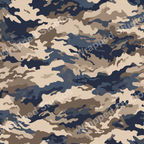 Seamless camouflage pattern in shades of navy blue, brown, and beige creates an abstract military design.